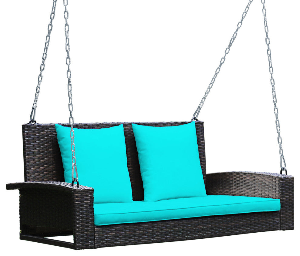 Costway 2-Person Patio Rattan Hanging Porch Swing Bench Chair Cushion Turquoise