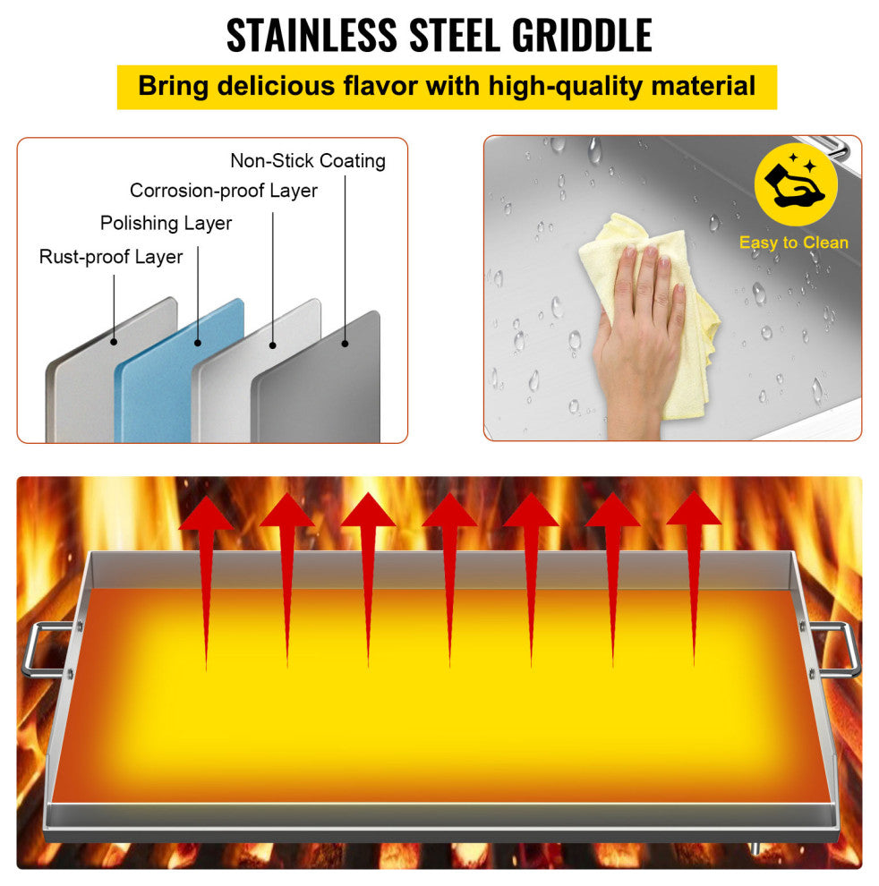 VEVOR 32" x 17" Stainless Steel Griddle Flat Top Grill Triple Griddle Cookware
