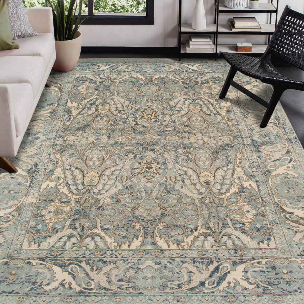 Vintage Pagota Area Rug, Blue, 9' x 12', Bordered