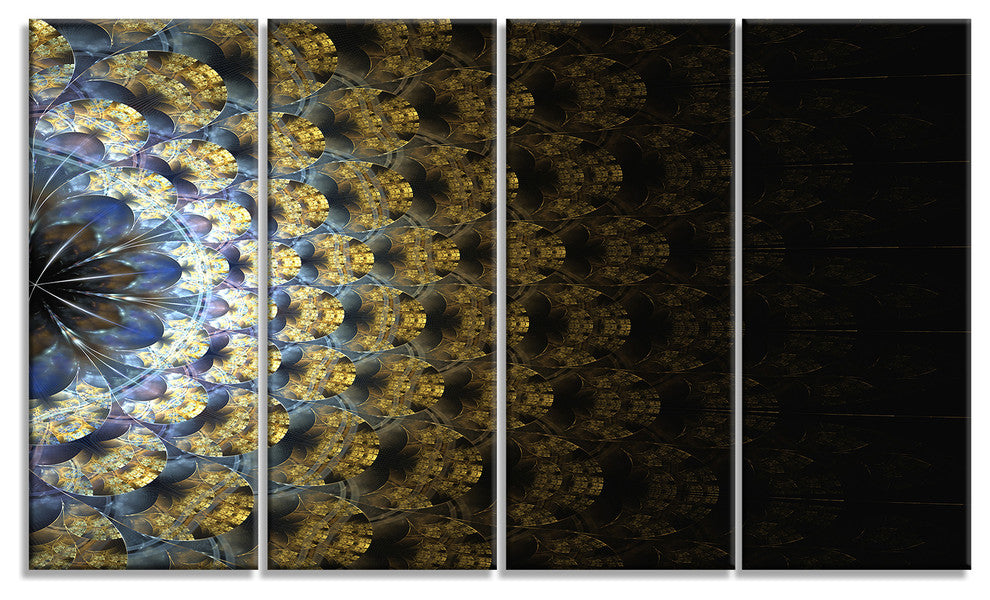 Symmetrical Gold Fractal Flower, Abstract Wall Art Canvas, 48"x28", 4 Panels