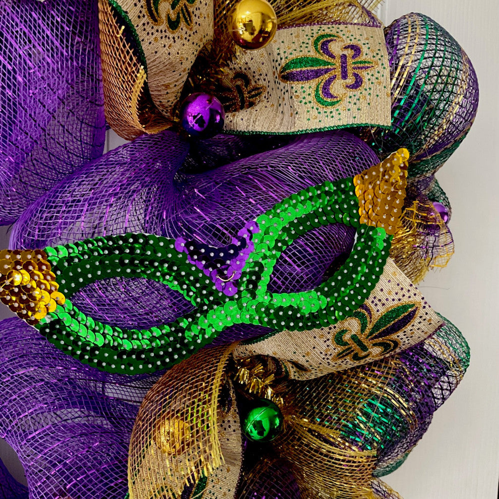 Mardi Gras Wreath Fleur de Lis and Mask Deco Mesh, 28"