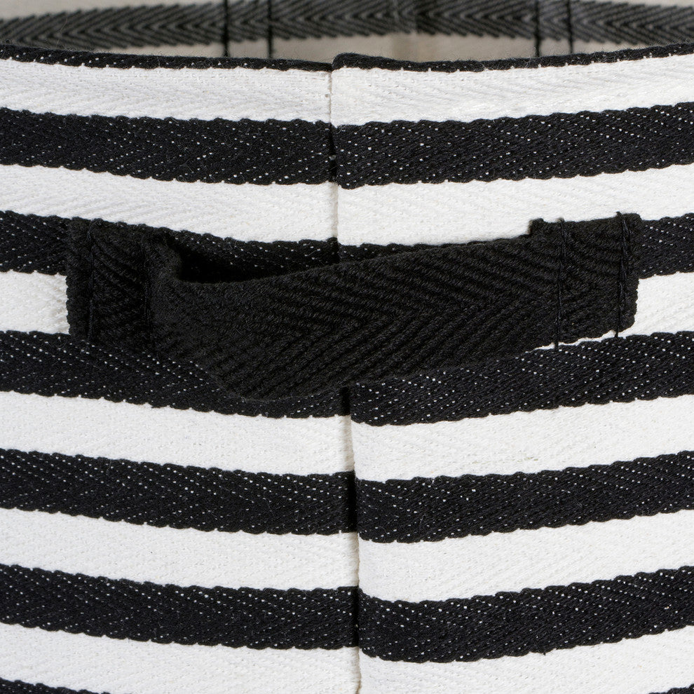 Pe Coated Herringbone Woven Cotton Laundry Bin Stripe Black Round Set/2