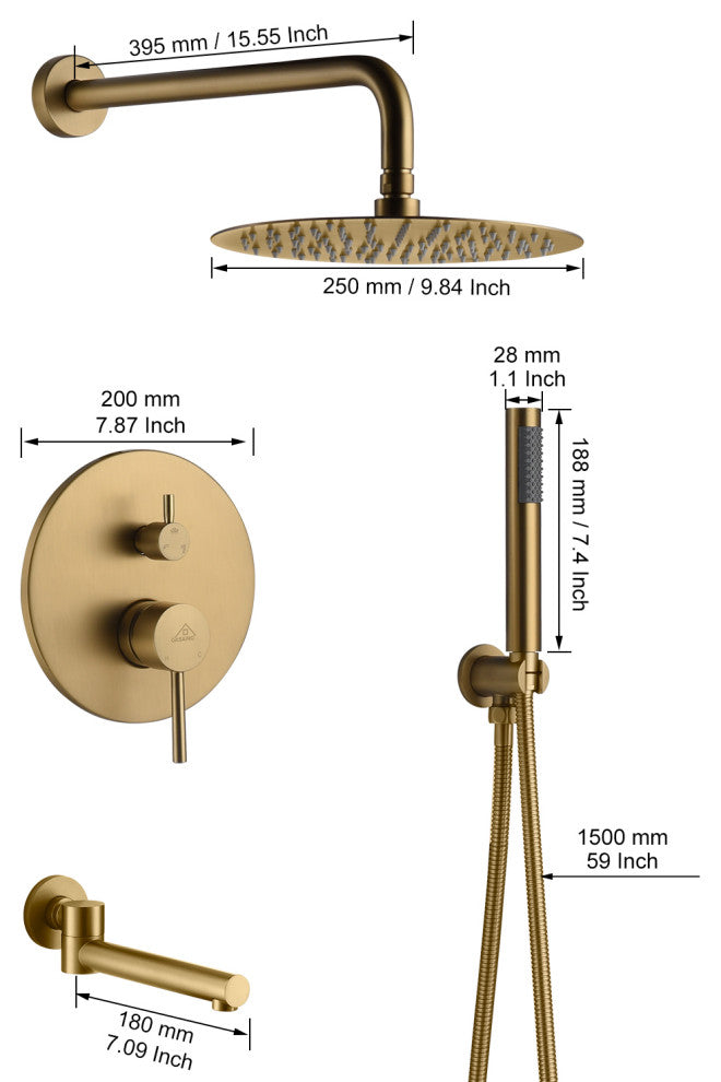 CASAINC 10" Round Wall Mounted Shower System Set Handheld Spray & Bathtub Spout, Brushed Gold