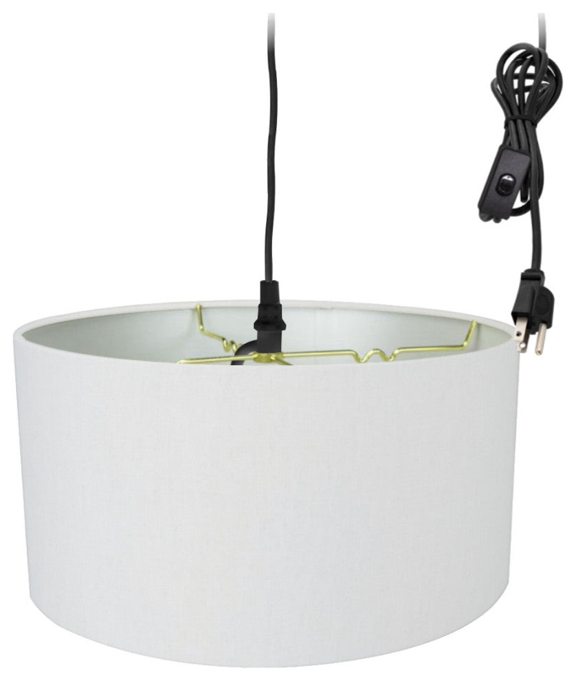1 Light Swag Plug-In Pendant 16"w White Linen Drum Shade, 17' Black Cord