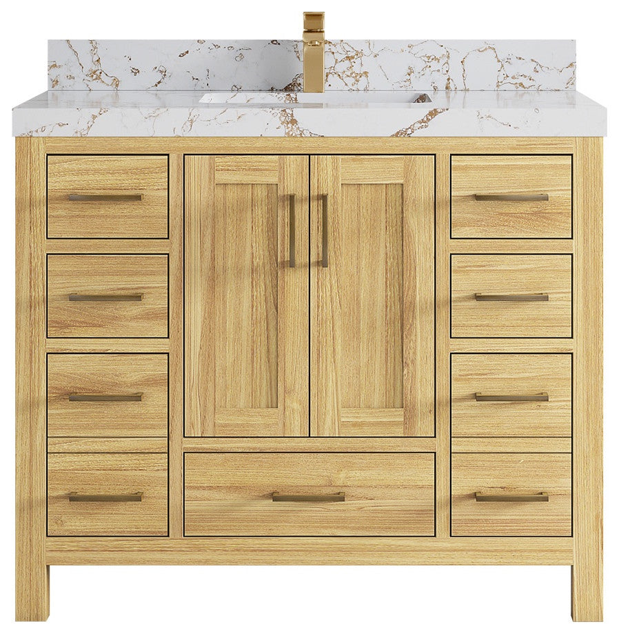 Malibu Teak 42" Single Sink Bath Vanity in Light Natural  2" Viola Gold
