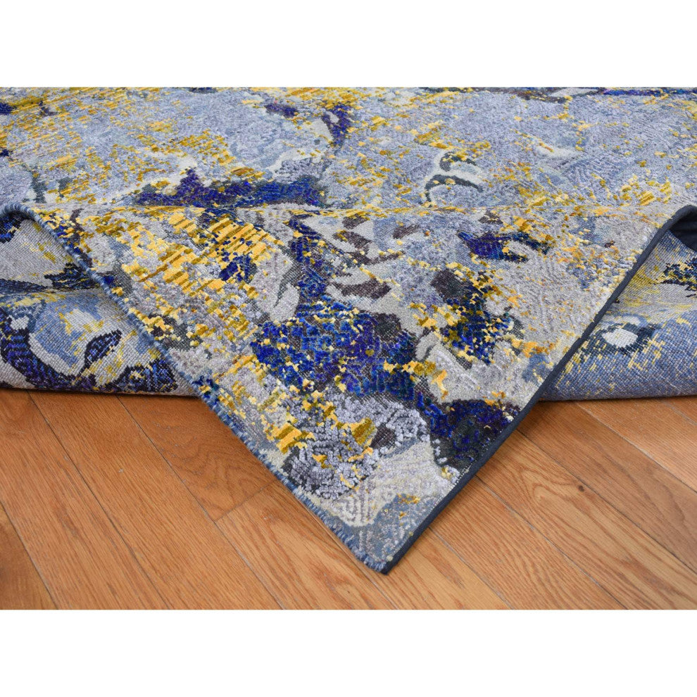 Laguna Yellow, Modern Design, Silk With Wool, Hand Knotted Rug, 8'10"x12'5"