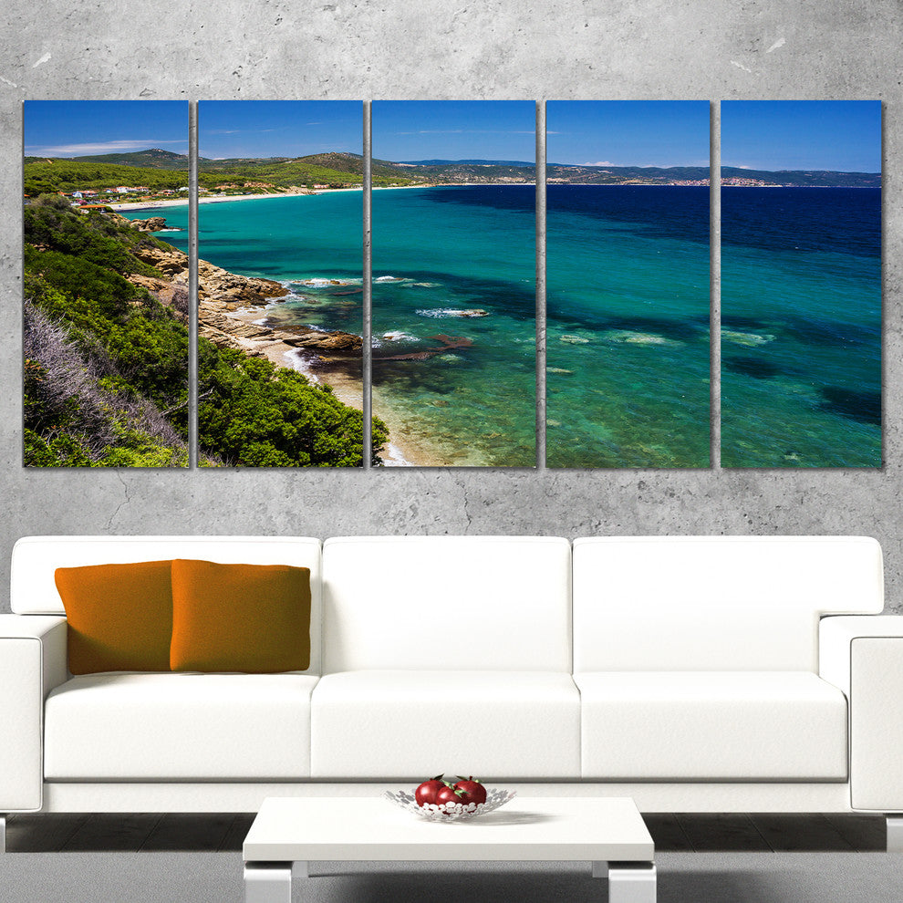 Beautiful Greek Beach of Sea, Seashore Canvas Art Print, 60"x28", 5 Panels