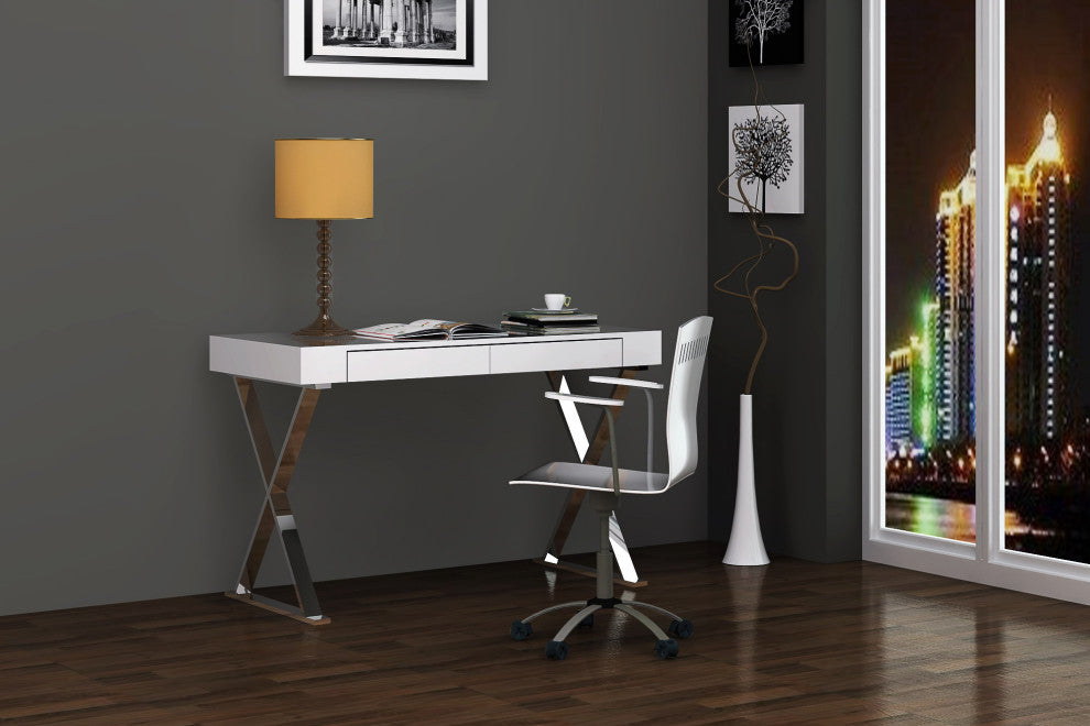 HomeRoots Desk Large High Gloss White Two Drawers Stainless Steel Base