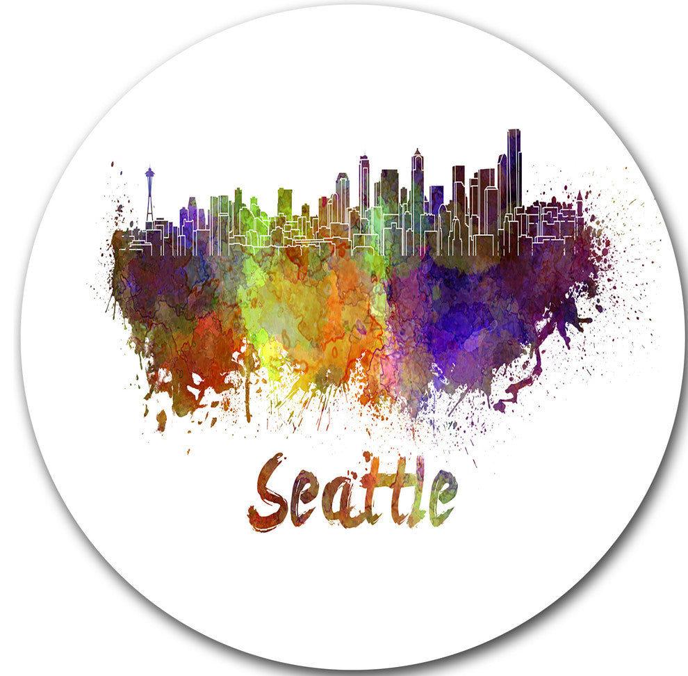 Seattle Skyline, Cityscape Round Metal Wall Art, 11"