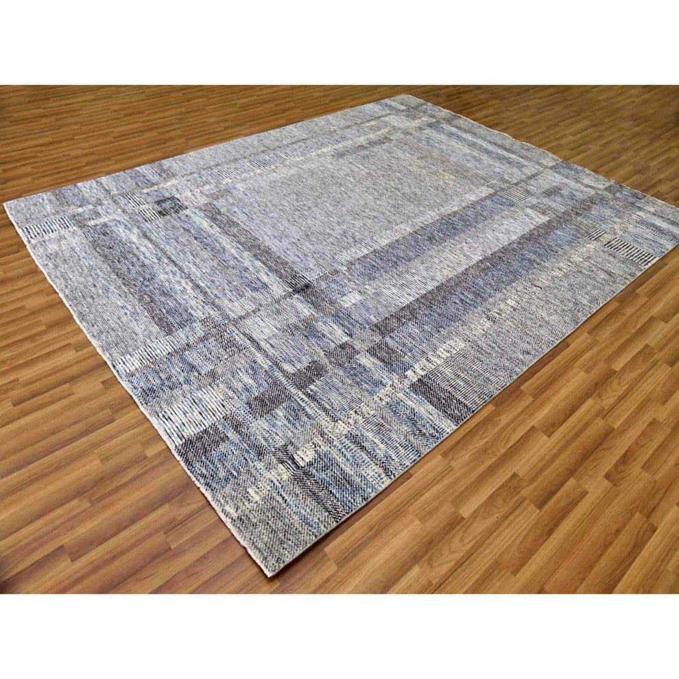 Beige Hand Knotted Geometric Opened Up Plaid Design 100% Wool Rug, 8'0"x10'2"