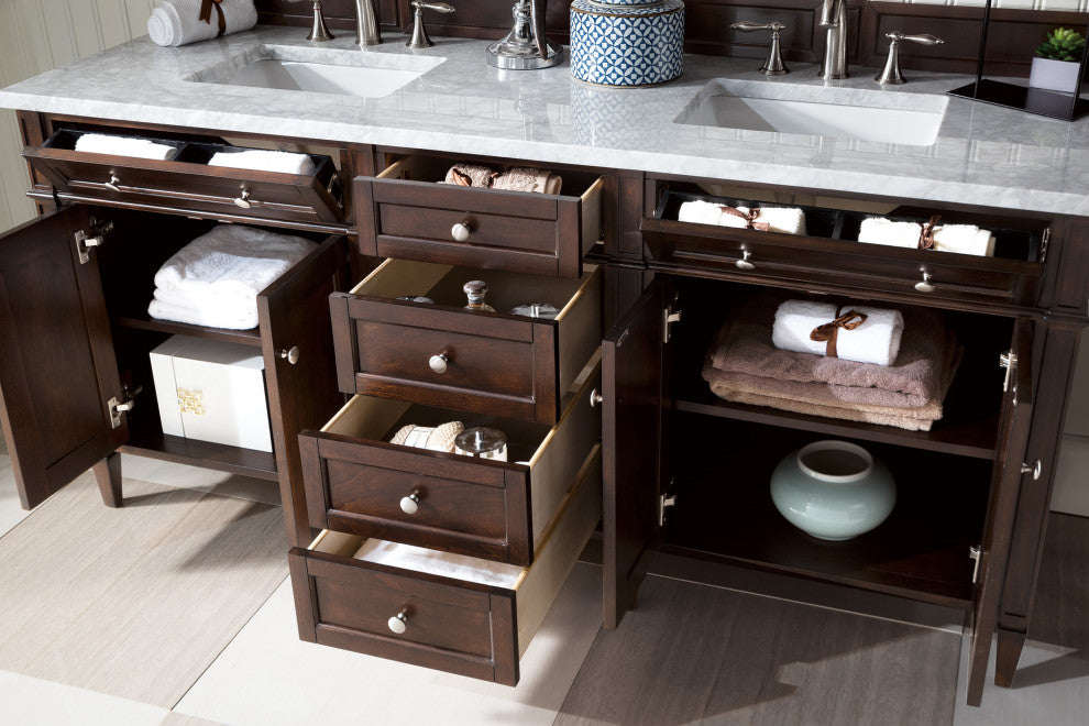Brittany 72" Burnished Mahogany Double Vanity, Carrara Marble