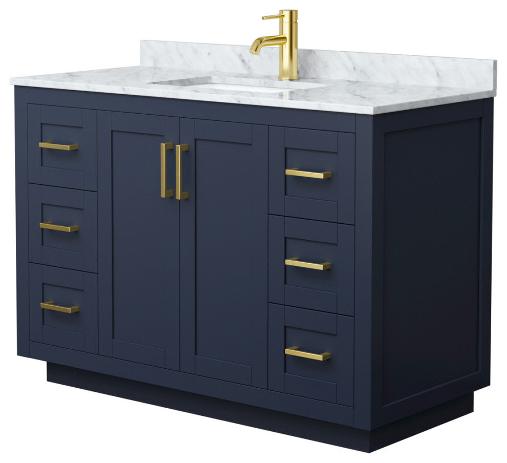 48" Single Bathroom Vanity Dark Blue, White Carrara Countertop, Sink, Gold Trim