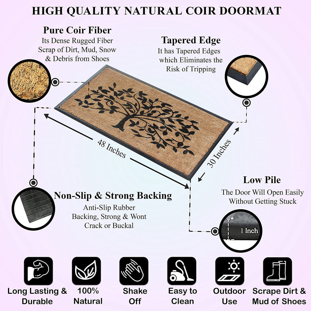 A1HC Natural Coir/Rubber Door Mat, 30x48, Thick Durable, Black/Beige