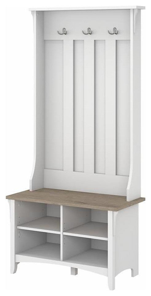 Bush Furniture Salinas Hall Tree with Shoe Storage Bench in White/Shiplap