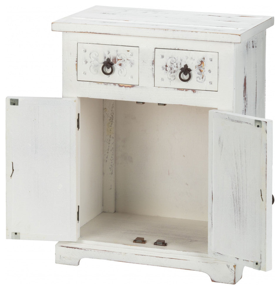 Distressed White Wooden Carved 2 Door and 2 Drawer Cabinet