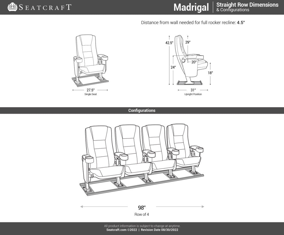 Seatcraft Madrigal Movie Theater Seating, Red, Row of 4
