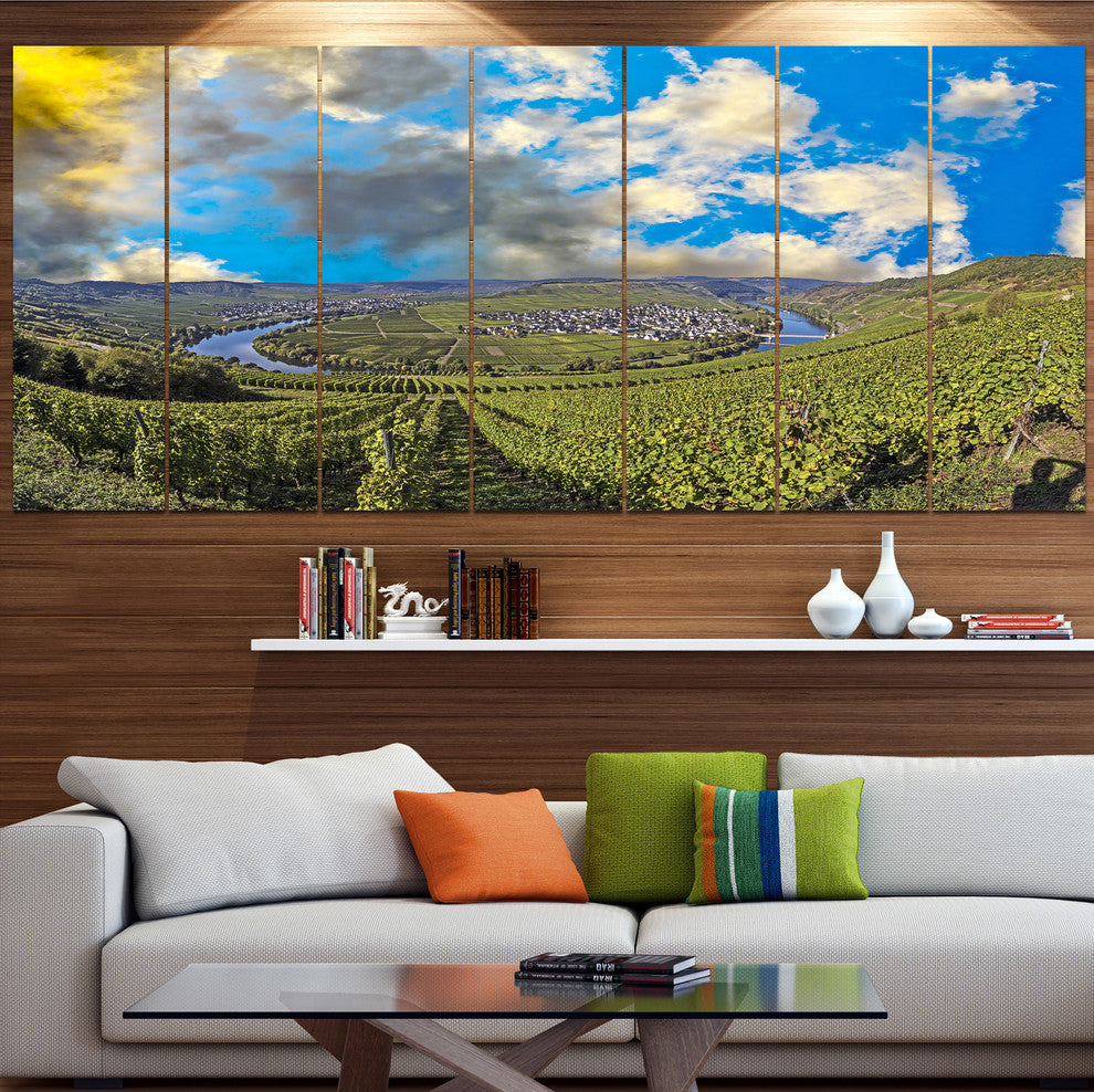 Moselle River Loop in Trittenheim, Landscape Canvas Art Print, 83"x32", 7 Panels