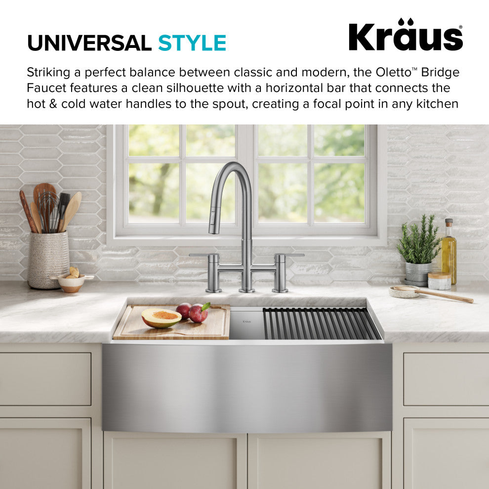 KRAUS Oletto 2-Function Pulldown 3-Hole Bridge Kitchen Faucet, Spot Free SS