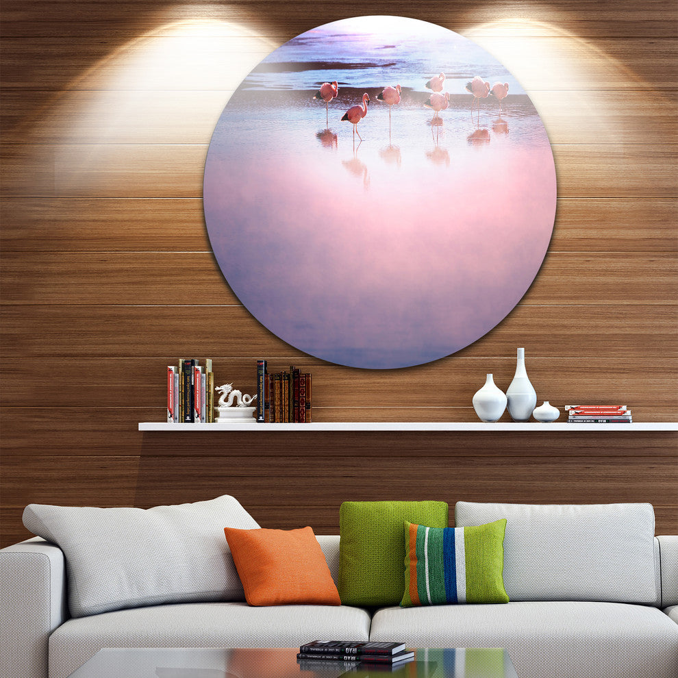 Flamingo Birds On Bolivia Beach, Beach Disc Metal Wall Art, 36"