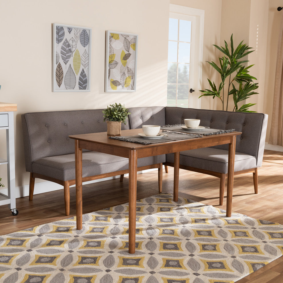 Marleen Mid-Century Modern Gray Fabric 3-Piece Wood Dining Nook Set