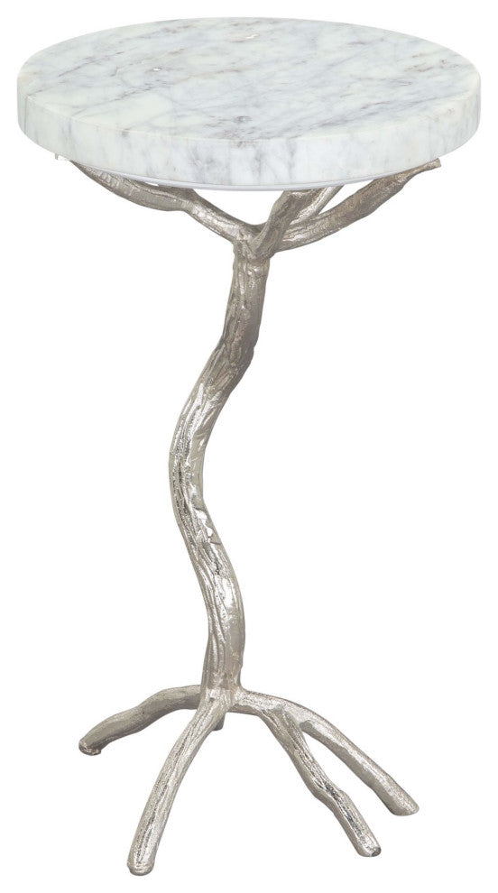 Sofa Side Table, Round, Artificial Marble, Aluminum Metal, White, Silver