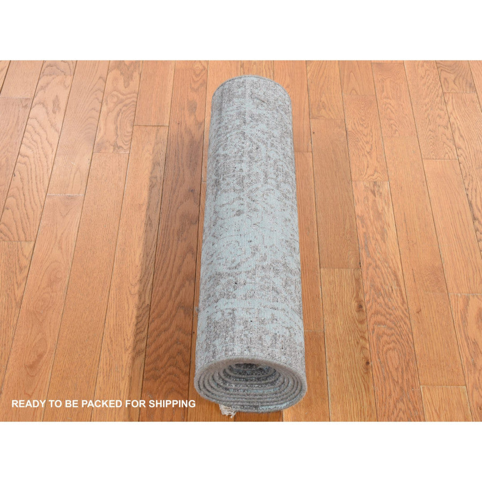 Green Erased Persian Design Hand Knotted Wool and Silk Runner Rug 2'6"x10'