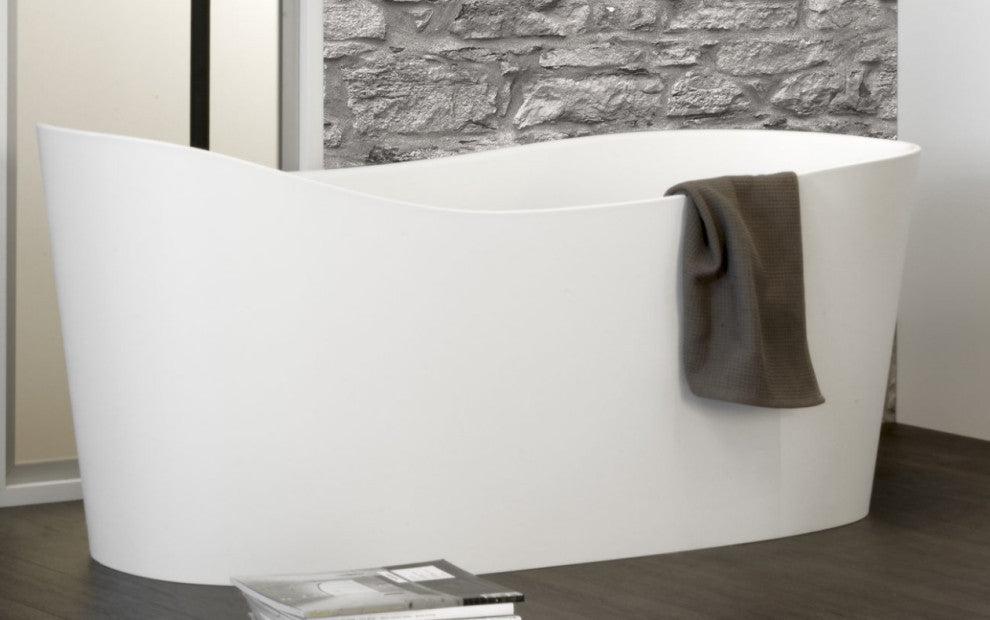 Wave 57.63x26.25 Freestanding Soaking Solid Surface Bathtub, White Matte
