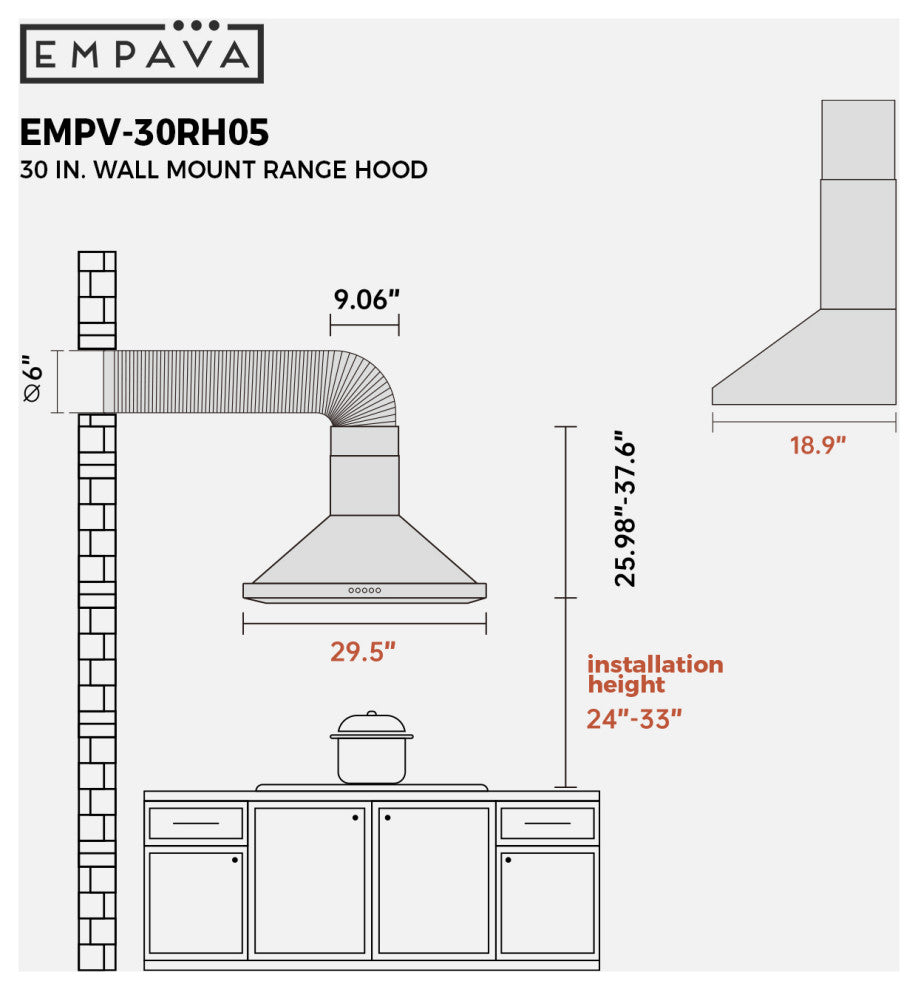 Empava 30 in. 400 CFM Wall Mount Range Hood Ducted Exhaust Kitchen Vent