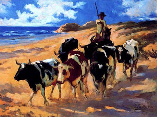 Joaquin Sorolla Y Bastida Oxen at the Beach - 21" x 28" Premium Canvas Print