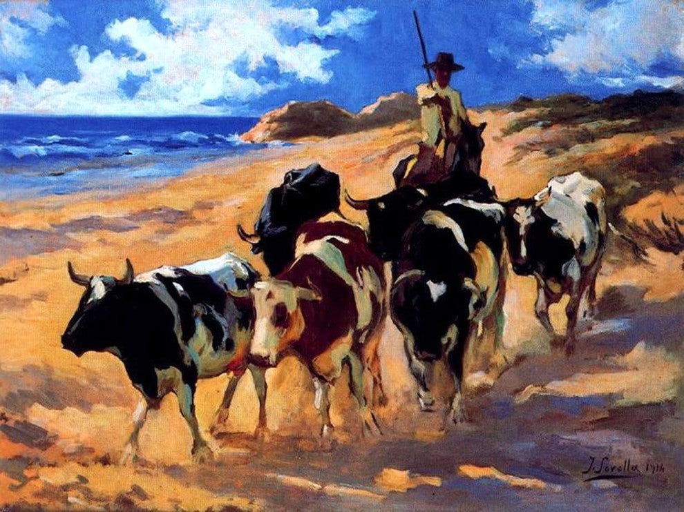 Joaquin Sorolla Y Bastida Oxen at the Beach - 21" x 28" Premium Canvas Print