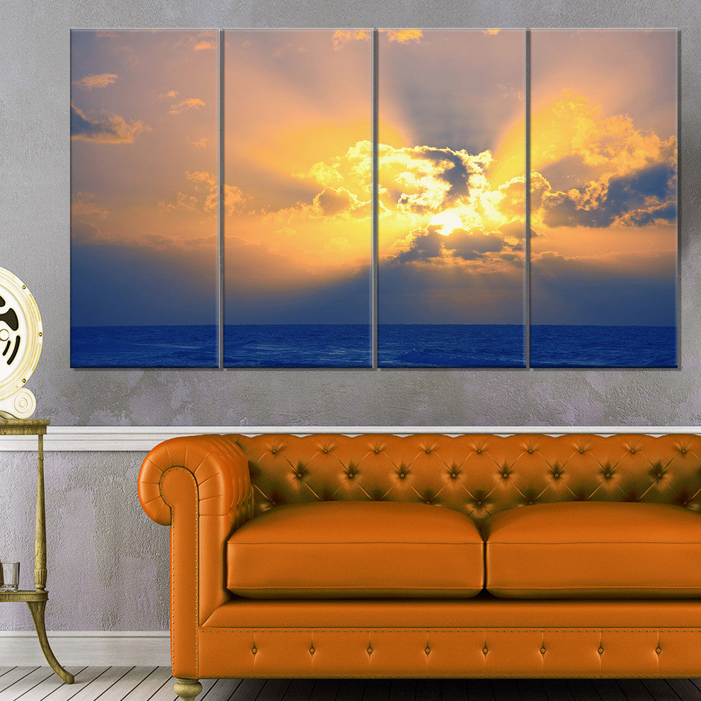 Scenic Yellow Sunset in Ocean, Oversized Landscape Canvas Art, 48"x28", 4 Panels