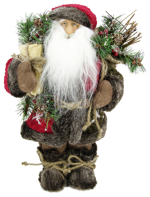 12" Standing Country Santa Holding Gift Spruce Bough and Sack