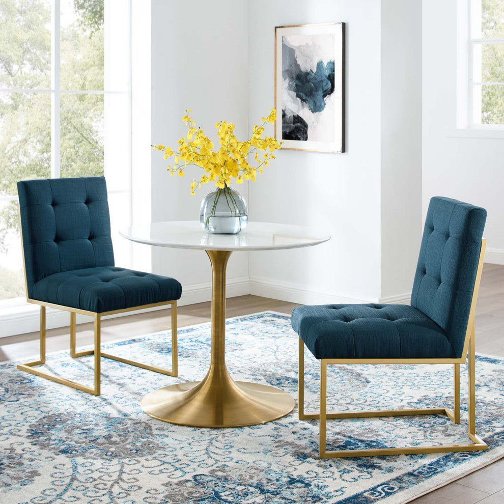 Side Dining Chair, Set of 2, Fabric, Metal, Gold Navy Blue, Modern, Cafe Bistro