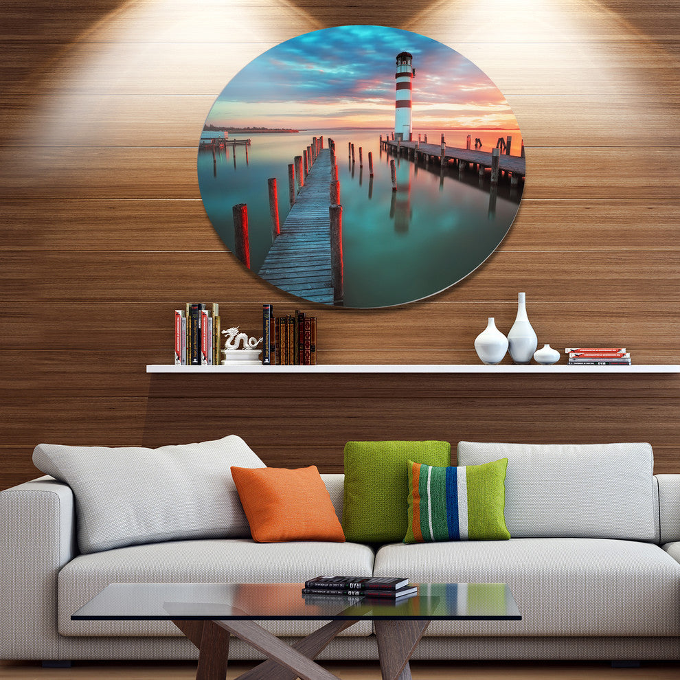 Lighthouse At Lake In Neusiedl Am See, Landscape Round Artwork, 36"