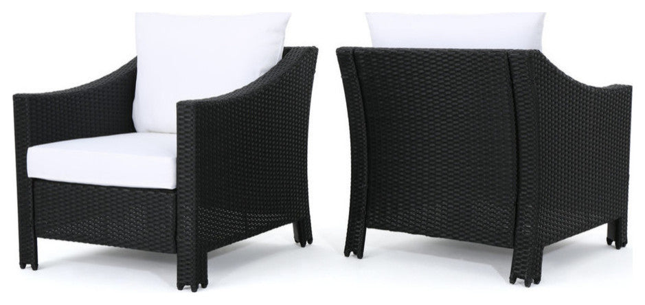 GDF Studio Dione Outdoor Black Wicker Club Chairs With White Cushions, Set of 2