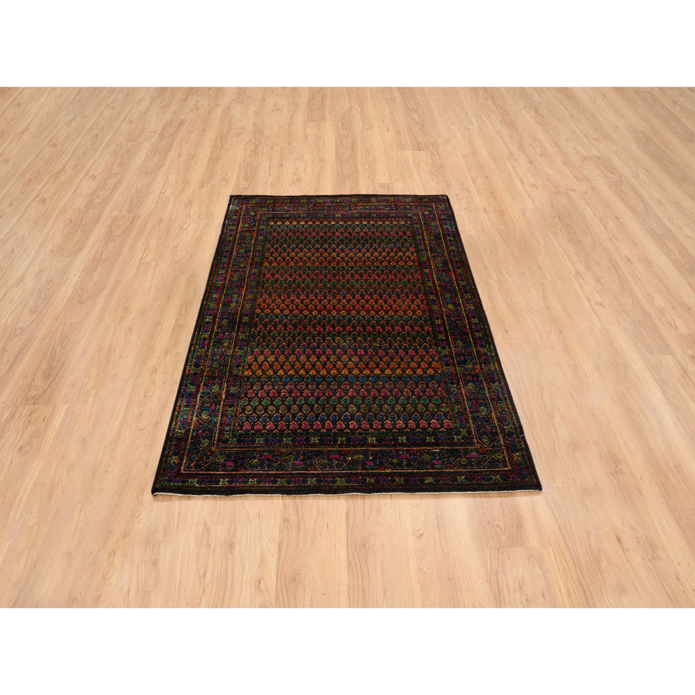 Black, Sarouk Mir Inspired Design, Wool and Silk Hand Knotted Rug, 4'0"x6'0"