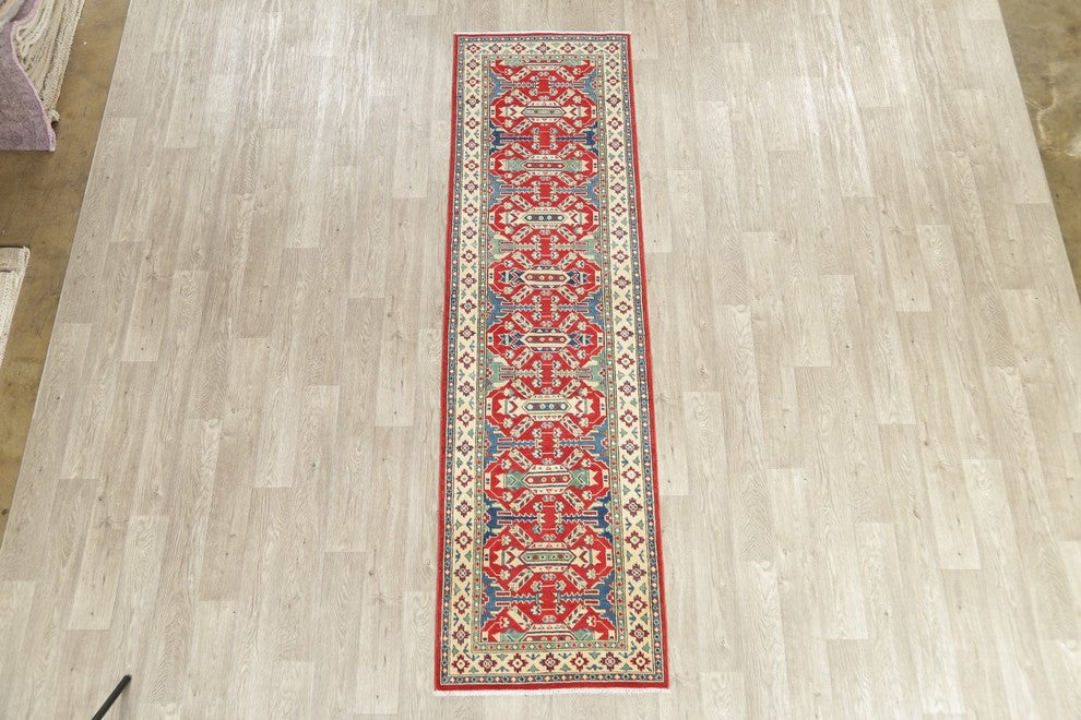 Traditional Hand Made Pakistani Kazak Oriental Wool Runner Rug, Red, 9'2"X2'7"