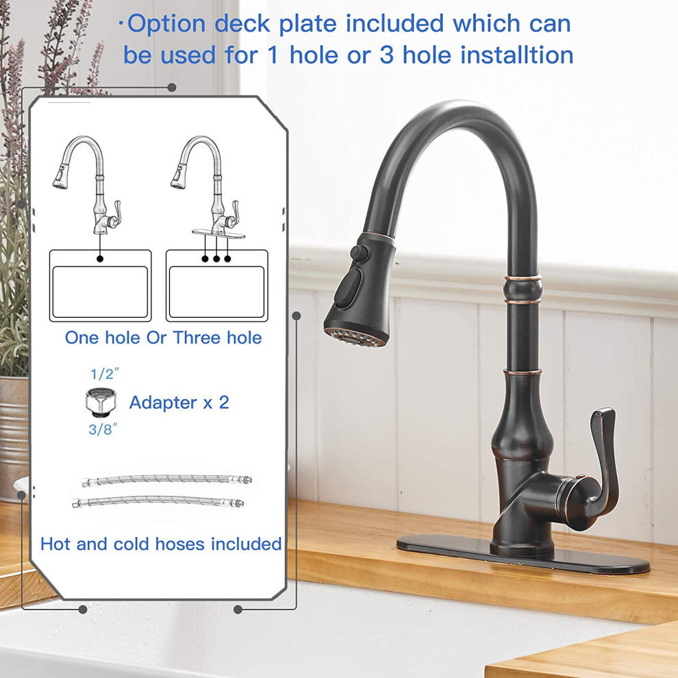 Wellfor Single Level Stainless Steel Kitchen Faucet With Pull Down Spray, Oil Rubbed Bronze