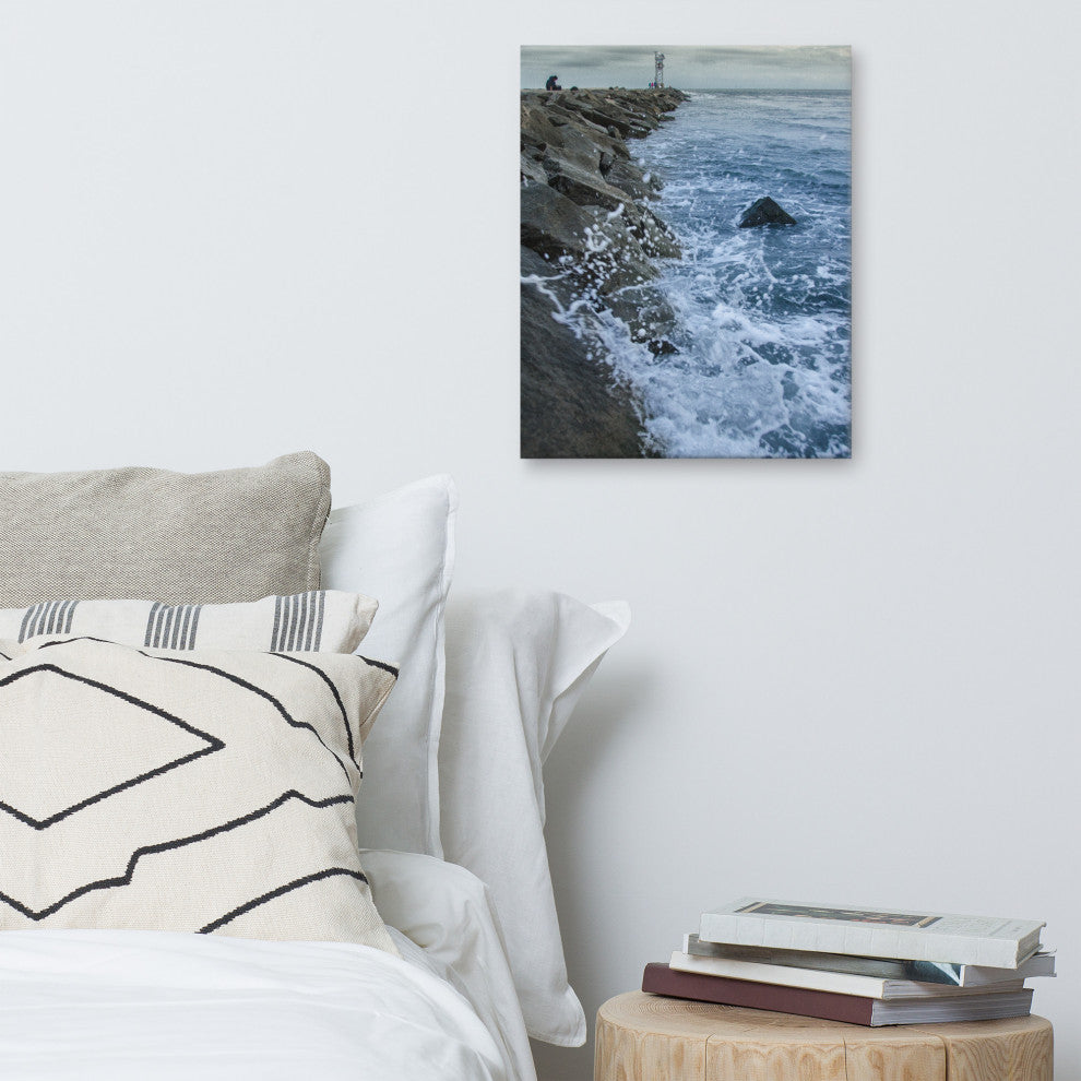 Splashing on the Jetty Coastal Landscape Photo Canvas Wall Art Print, 16" X 20"
