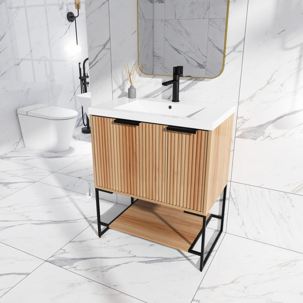 Plywood Freestanding Bathroom Vanity Set with White Ceramic Sink , Maple, 30