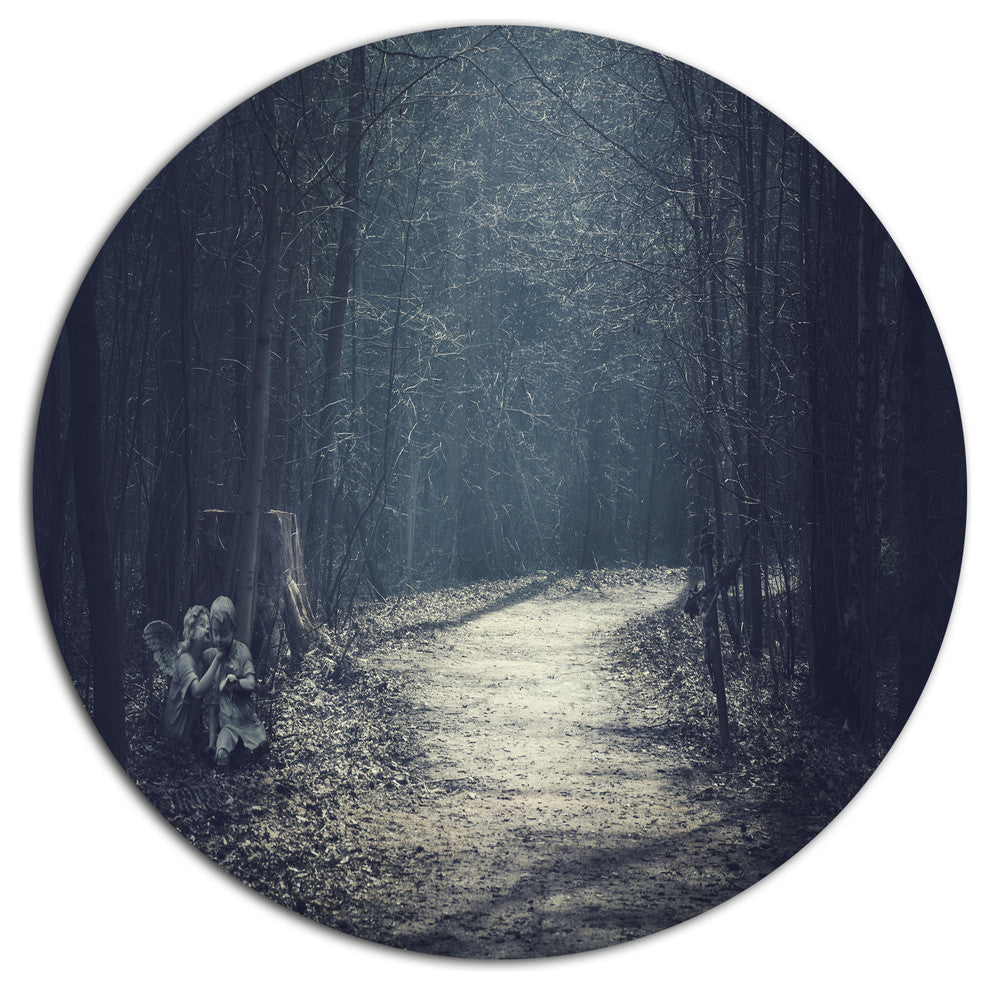 Dark Forest With Empty Road, Modern Forest Round Wall Art, 11"
