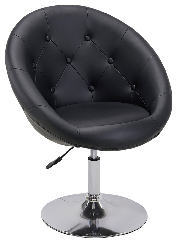 Button Tufted Swivel PU Leather Papasan Chair, Black