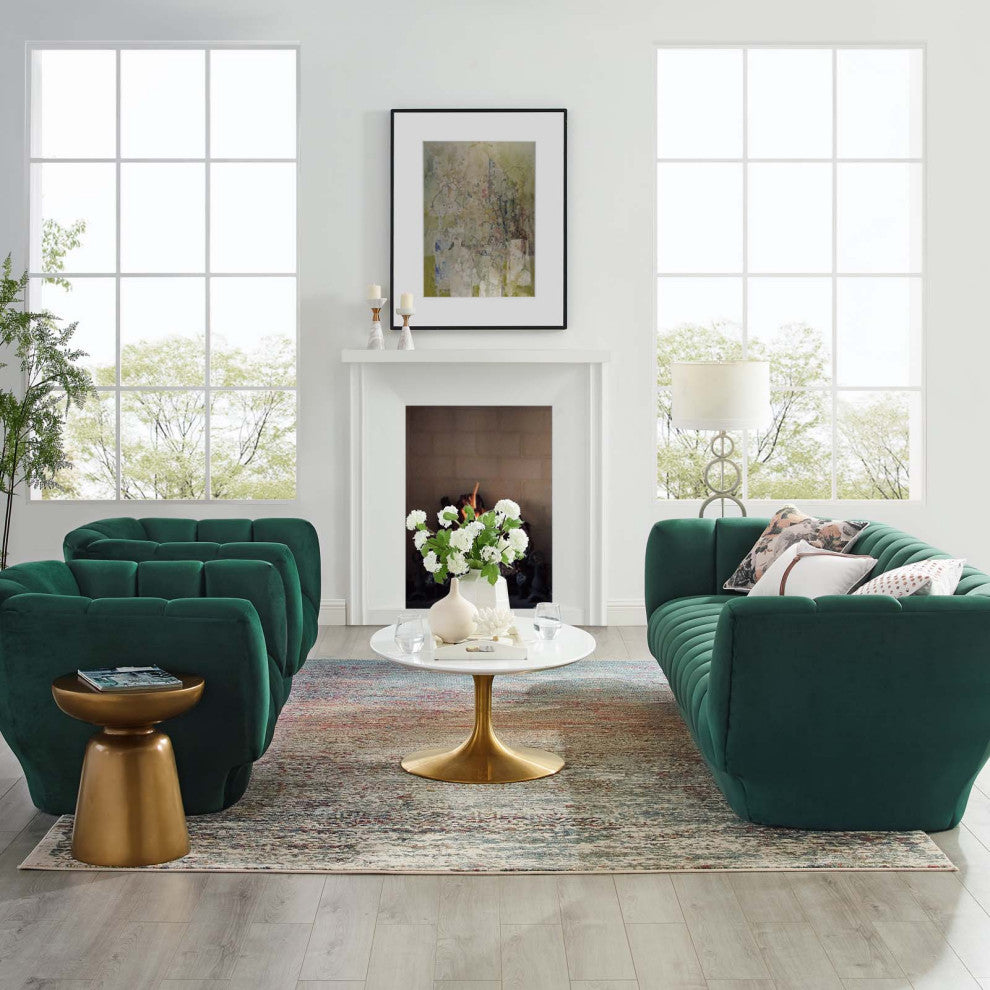 Tufted Armchair and Sofa Set, Velvet, Green, Modern, Living Lounge Hospitality