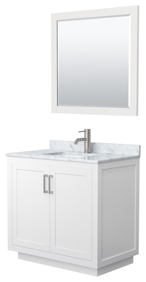 36"SGL Bathroom Vanity White, Carrara Countertop, Sink, Nickel Trim, 34" Mirror