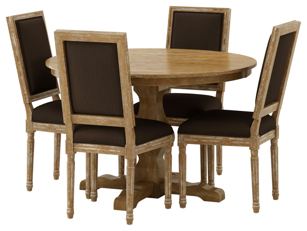 Merlene French Country Fabric Upholstered Wood 5-Piece Circular Dining Set, Natural/Brown