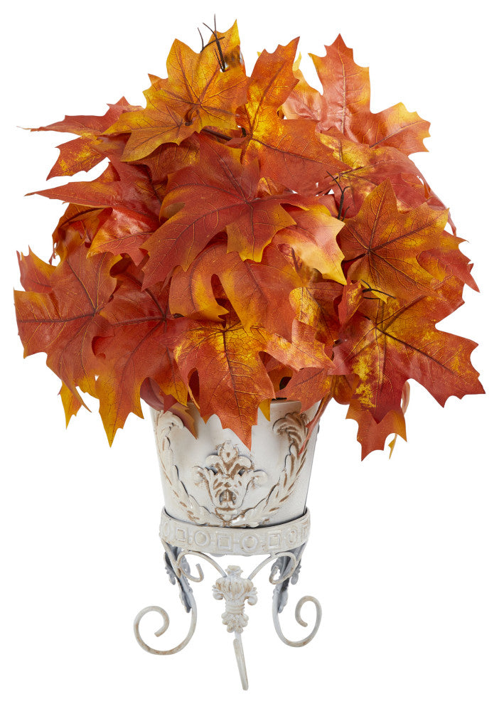 20" Autumn Maple Leaf Artificial Plant, Metal Planter