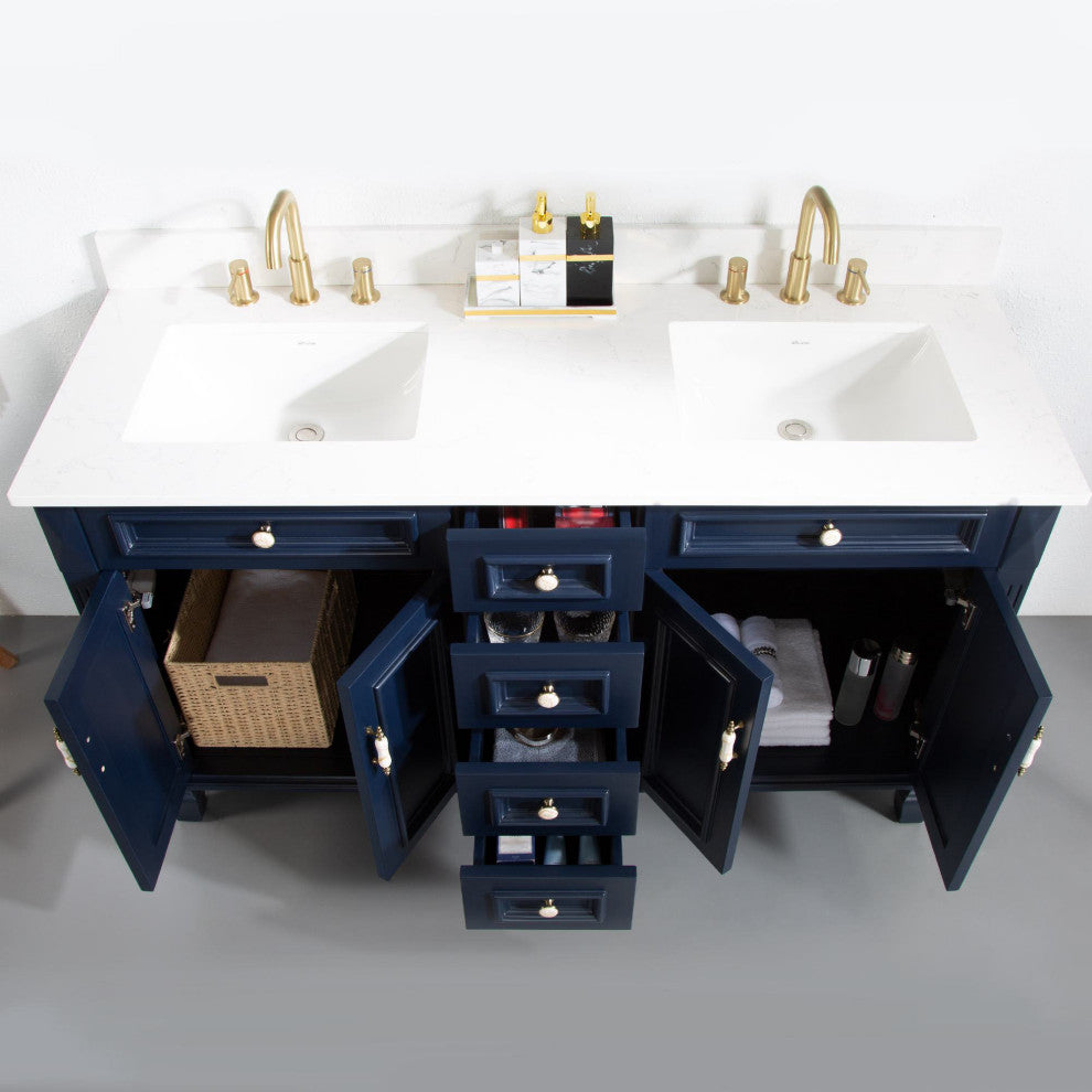 60 In Bathroom Vanity Set with 2Pcs 26 Inch Mirrors, Quartz Top, cUPC Certified, Navy Blue