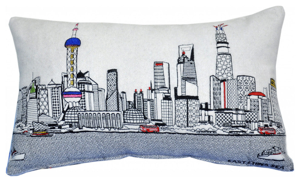 25" White Shanghai Daylight Skyline Lumbar Decorative Pillow