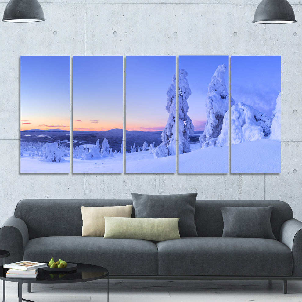 Sunset over Frozen Trees, Modern Landscape Canvas Art, 60"x28", 5 Panels