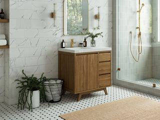Madison Teak 36 Left Offset Bath Vanity in Dark Natural 2" Carrara Marble